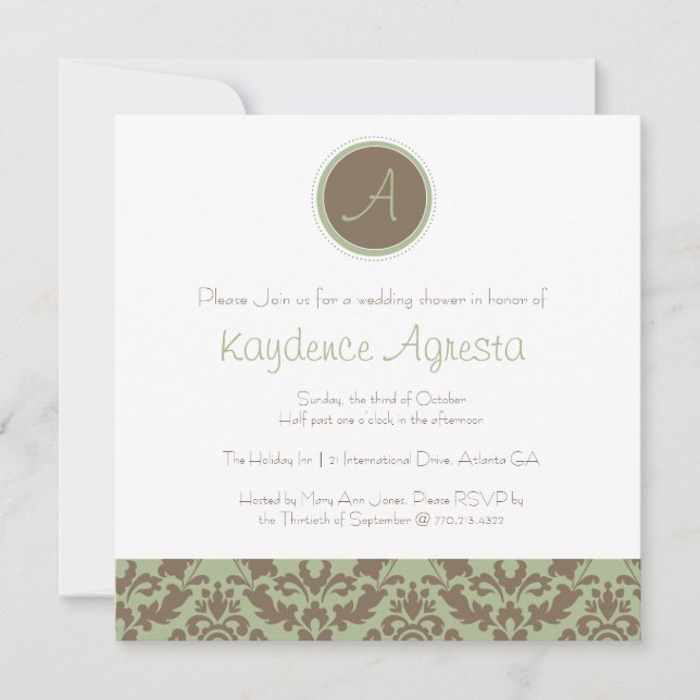 Convites Chá Casamento tema damasco Castanho/Sage (Frente)