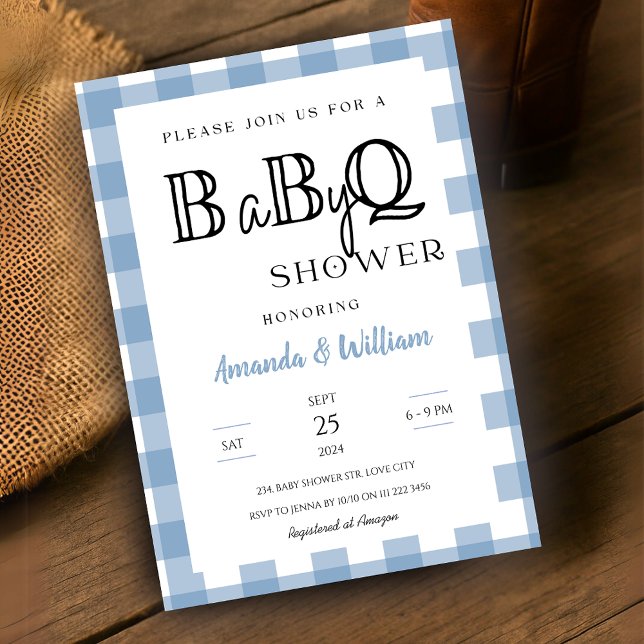 Convites Chá CHURRASCO Xadrez Gingham  Casais (Blue Gingham Plaid BBQ Baby Couples Shower Invitation)