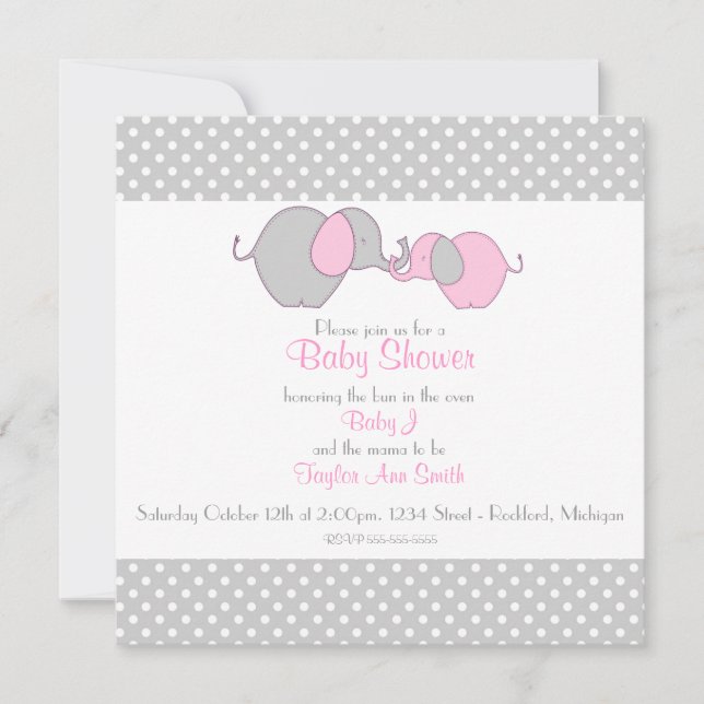 Convites Chá cinzento & cor-de-rosa do elefante do Mama & (Frente)