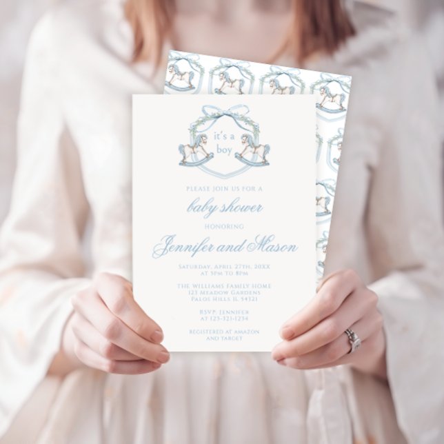 Convites Chá clássico de bebê do cavalo de balanço azul (Criador carregado)