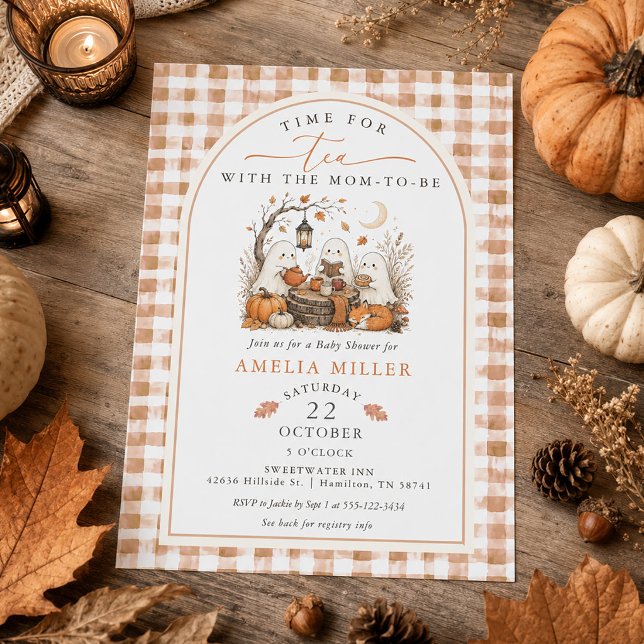 Convites Chá com a Futura Mamãe Festa de Bebê Fantasma de H (Tea with the Mom-to-be Halloween Ghost Baby Shower Invitation)