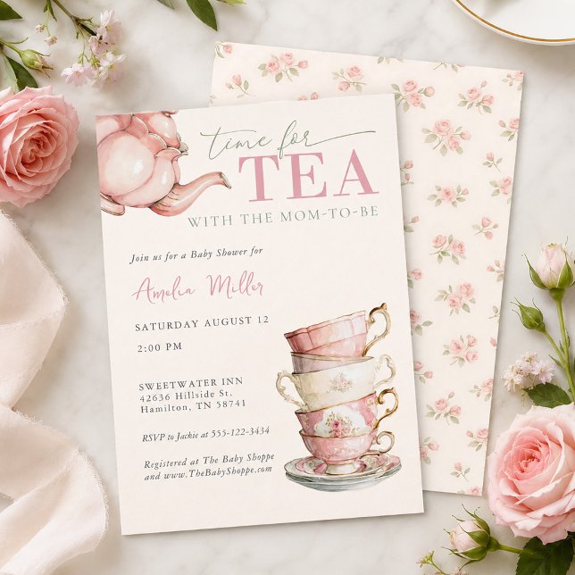 Convites Chá com a Futura Mamãe Rosa Floral Chá de Bebê  (Tea with the Mom-to-be Pink Floral Baby Shower Invitation)