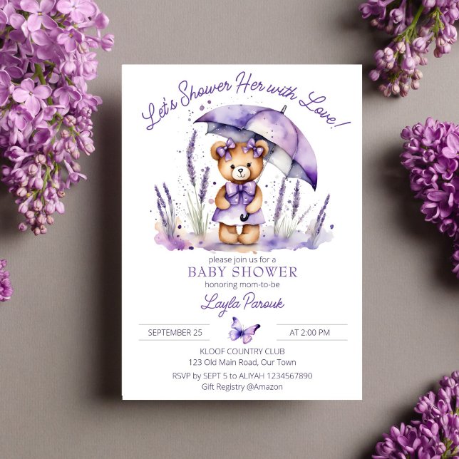 Convites Chá com chá de fraldas de ursinho fofo amoroso (Shower with love cute teddy bear purple dress umbrella baby shower template invitation digital downl)