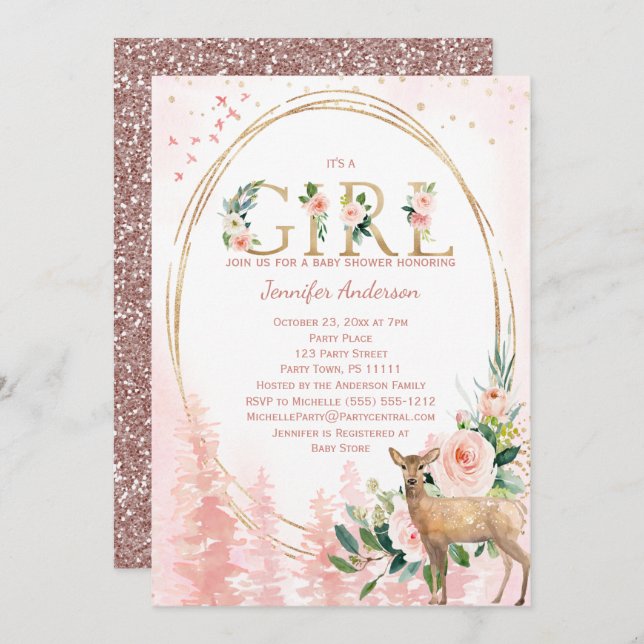 Convites Chá cor-de-rosa do bebé da floresta (Frente/Verso)