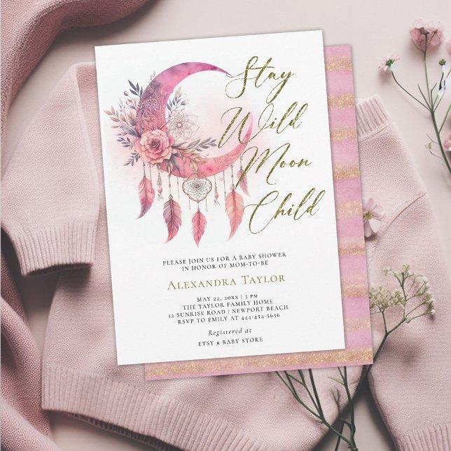 Convites Chá da Criança da Lua Selvagem Boho Dreamcatcher B (wild moon child baby girl shower invitation pink boho dreamcatcher gold glitter elegant bohemian)