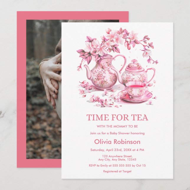 Convites Chá da Flor Teapot Hora do Chá Baby Shower  (Frente/Verso)