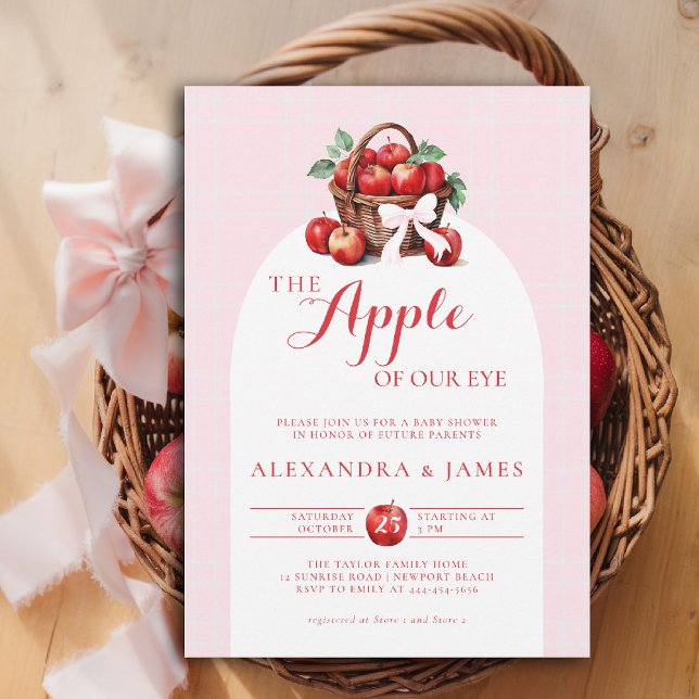 Convites Chá da Garota de queda do Casal de Colheita Apple  (fall baby shower invitation apple of our eye girl watercolor rustic elegant coed couple pink bow)