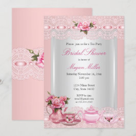 Convites Chá da Noiva Lindas rosas cor-de-rosa Festa de Chá