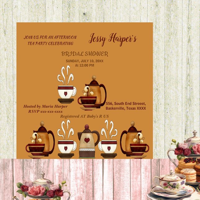 Convites Chá da Tarde com Bule de Barro Festa de Noiva (Earthen Teapot Afternoon Tea Party Bridal Shower Invitation)