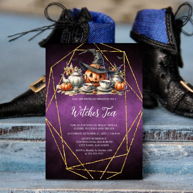 Convites Chá das Bruxas (Witch's tea / wiccan / Halloween gathering invitation front view.)