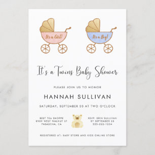 Convites Chá de Aquarela Carruagem Gêmeas Garotas