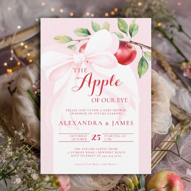 Convites Chá De Arco Rosa De Colheita De Maçã (fall baby shower invitation apple of our eye girl pink bow boho arch watercolor rustic elegant girly)