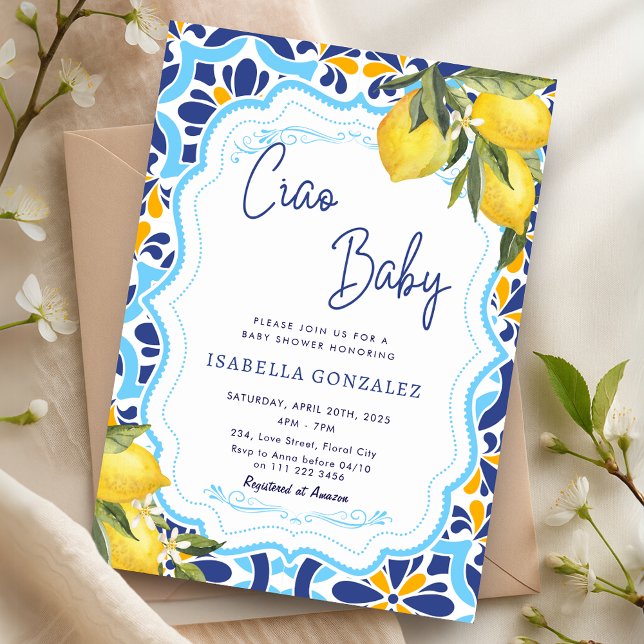 Convites Chá de Azulejos Majolica para o Bebê do Mediterrân (Ciao Baby Mediterranean Majolica Tiles Shower Invitation)