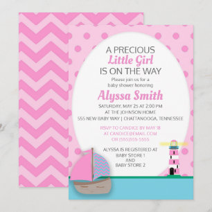 Convites Chá de Barcos Rosa e Bebê de Farol Convidam