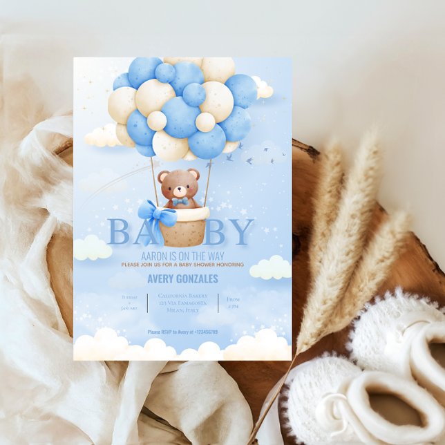 Convites Chá de Bear Balão Azul Sky Baby Boy (Criador carregado)