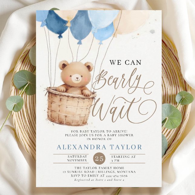 Convites Chá de Bear Boy Bear Bear Bear Bear Bear Bear Bear (bearly wait baby shower invitation boy blue brown hot air balloons whimsical calligraphy watercolor)