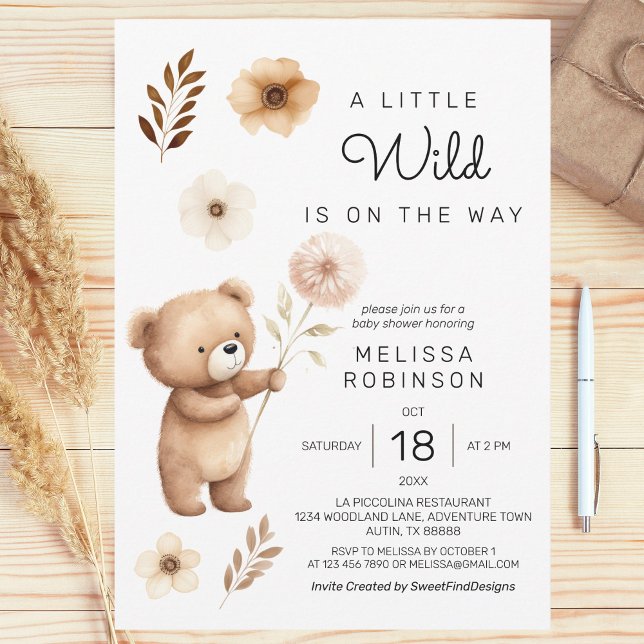 Convites Chá de Bear Selvagem Bonito Flor Flor Bebezinho (Cute Wild Bear Boho Flowers Baby Boy Shower Invitation)