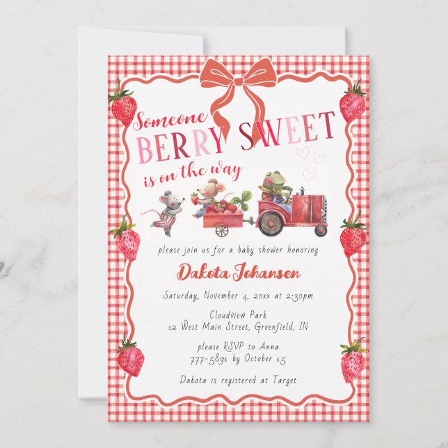 Convites Chá de Bebê 007 Gingham Vermelho Berry Sweet Farm (Frente)