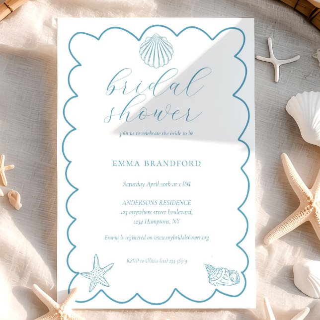 Convites Chá de Bebê à Beira-Mar Azul e Branco Bridal Showe (Coastal Doodle Blue White Bridal Shower Invitation)