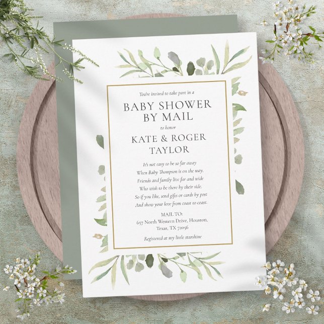 Convites Chá de Bebê à Distância com Verduras (Baby Shower By Mail Long Distance Greenery Invitation)