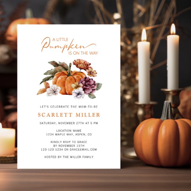 Convites Chá de Bebê Abóbora (Cute A Little Pumpkin Is On The Way Fall and Autumn Baby Shower Watercolor Floral)