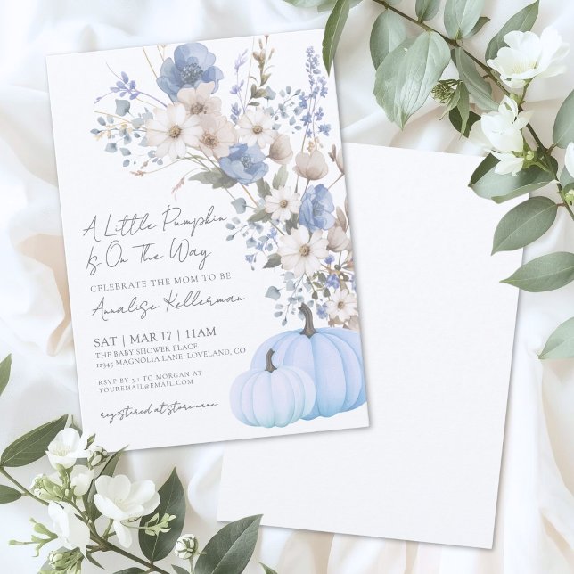 Convites Chá de Bebê Abóbora Azul Flor Silvestre (Wildflower Blue Pumpkin Baby Shower Invitation)