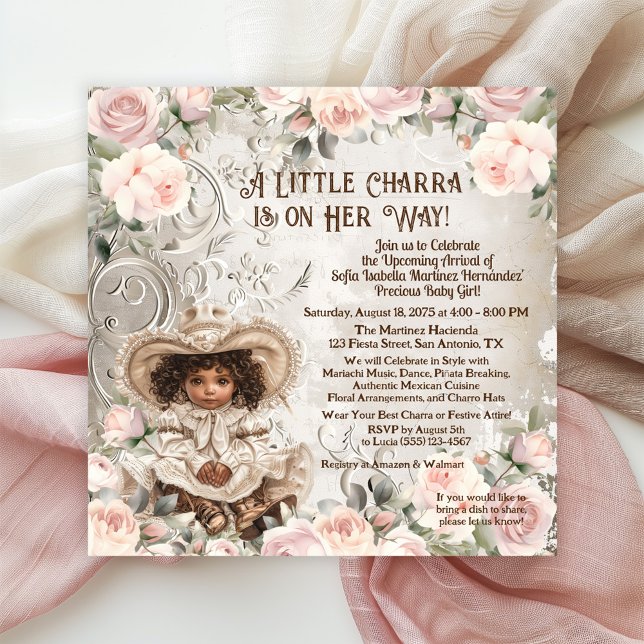 Convites Chá de Bebê Adorável Charra (Adorable Charra baby shower invitations with pretty pink roses.)