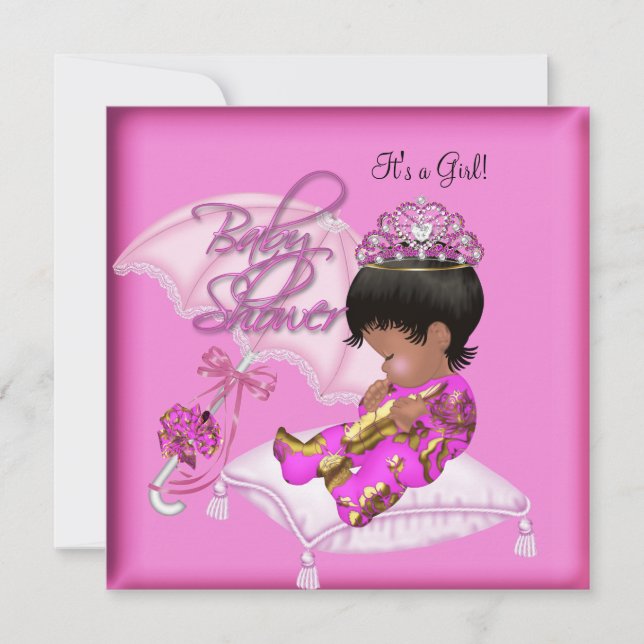 Convites Chá de Bebê Afro-Americano Fofinho Rosa Dourado (Frente)