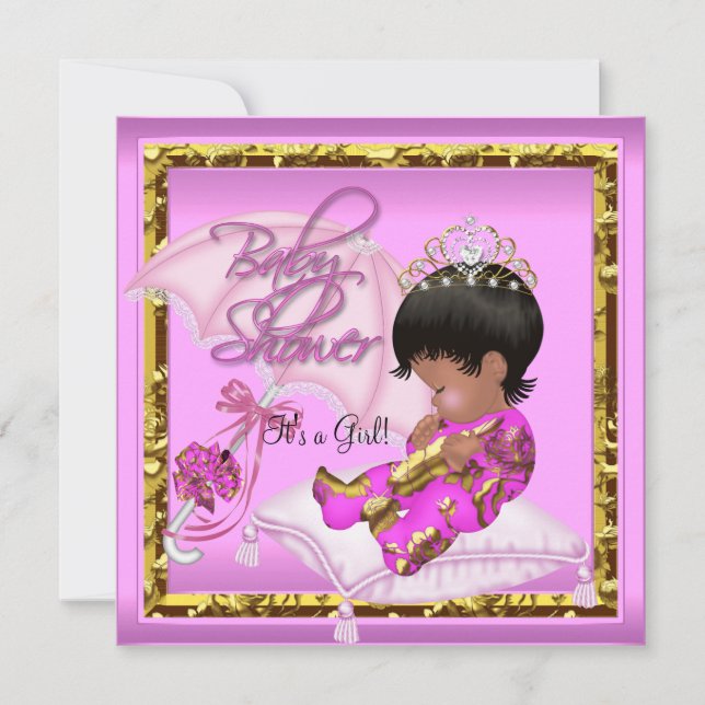 Convites Chá de Bebê Afro-Americano Fofo Rosa Dourado (Frente)