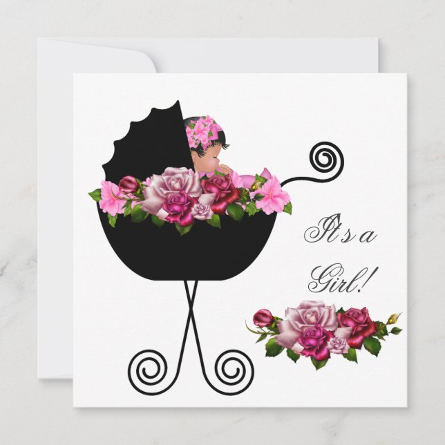 Convites Chá de Bebê Afro-Americano Menina Rosa Rosas (Frente)