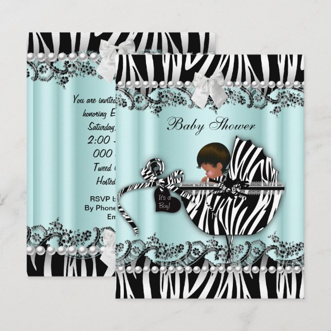 Convites Chá de Bebê Afro-Americano Menino ou Menina Zebra (Frente/Verso)