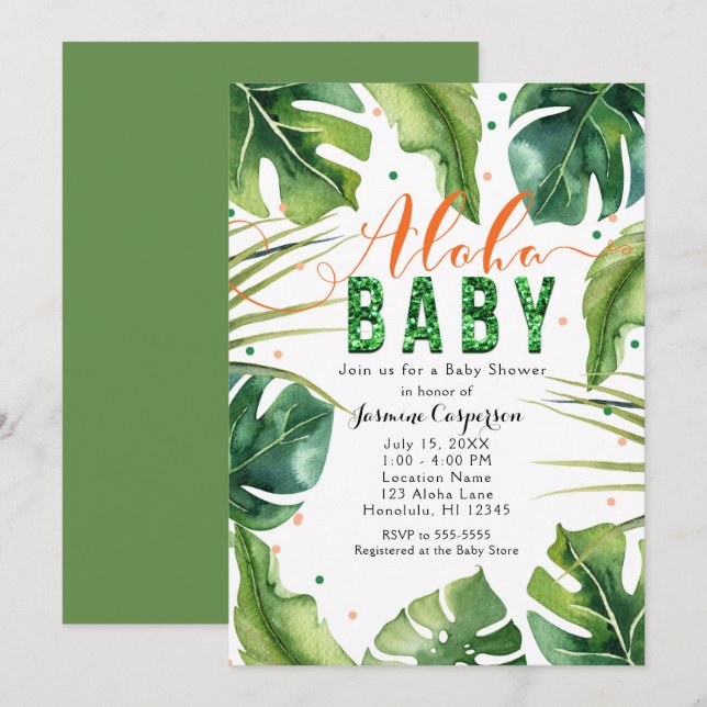 Convites Chá de Bebê ALOHA Folhas Tropicais Laranja & Verde (Frente/Verso)