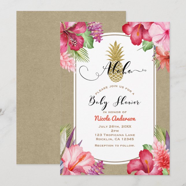 Convites Chá de Bebê Aloha Tropical Dourado Floral Abacaxi (Frente/Verso)