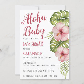 Convites Chá de Bebê Aloha Tropical Floral Aquarela Rosa