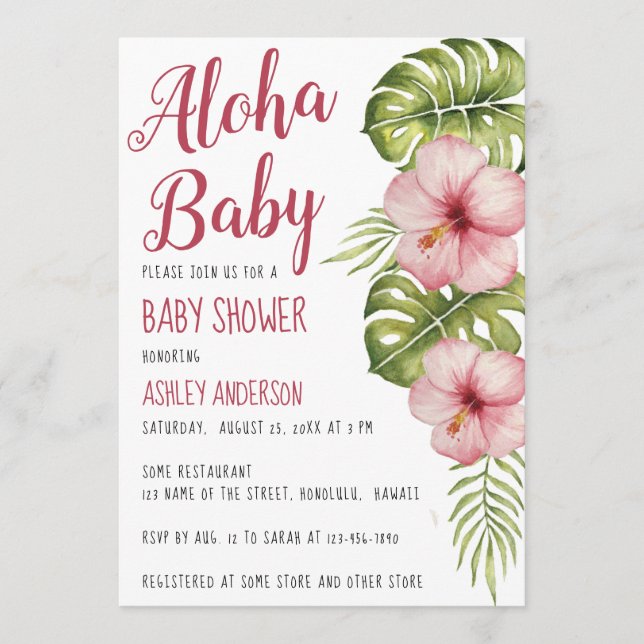 Convites Chá de Bebê Aloha Tropical Floral Aquarela Rosa (Frente)