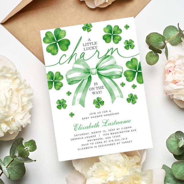 Convites Chá de Bebê Amuleco de Arco Verde (Green Bow Lucky Charm Baby Shower Invitation
#luckycharmbabyshower
#stpatricksdaybabyshower)