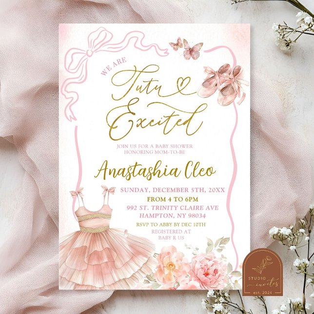 Convites Chá de Bebê Animado Tutu de Bailarina Floral Rosa (Criador carregado)