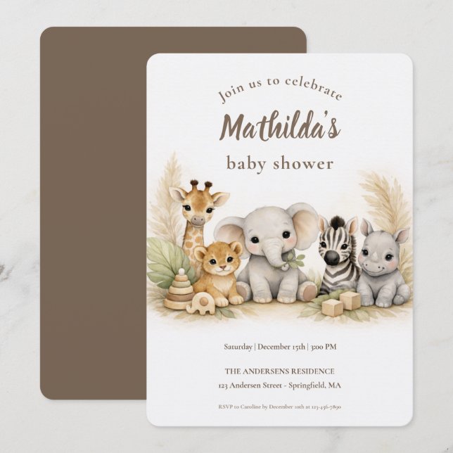 Convites Chá de Bebê Animais Safari Neutro (Frente/Verso)
