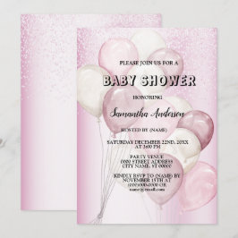 Convites Chá de Bebê Aquarela Balões Rosa Branco Festa