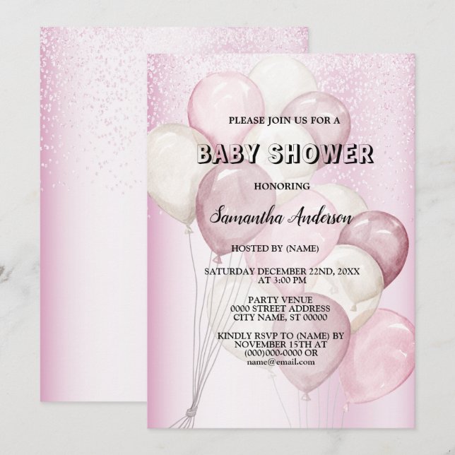 Convites Chá de Bebê Aquarela Balões Rosa Branco Festa (Frente/Verso)