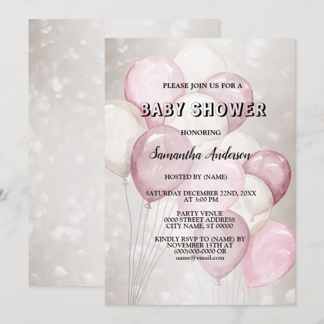 Convites Chá de Bebê Aquarela Balões Rosa Branco Festa (Frente/Verso)