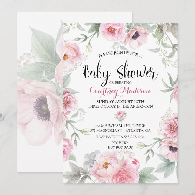 Convites Chá de Bebê Aquarela Rosas Flores Rosa (Frente/Verso)