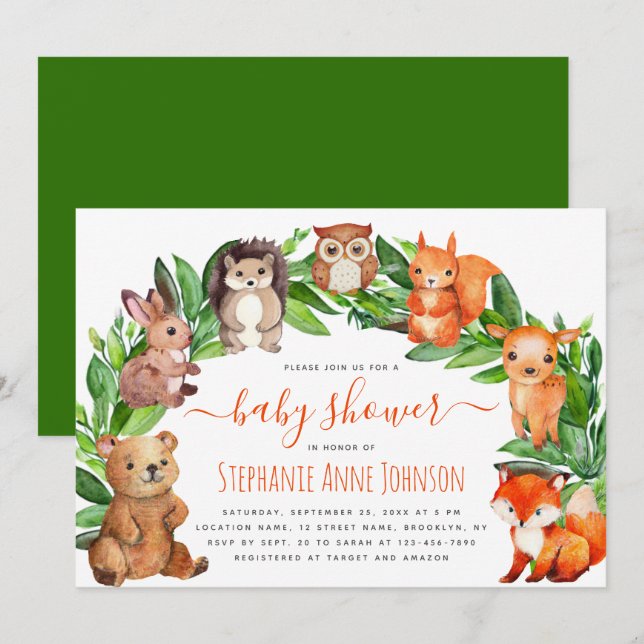 Convites Chá de Bebê Arco de Aquarela Animais da Floresta F (Frente/Verso)