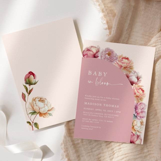Convites Chá de Bebê Arco de Peônia Rosa Baby In Bloom  (Criador carregado)