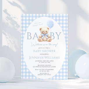 Convites Chá de Bebê Arco Gingham, Urso Azul e Bonito