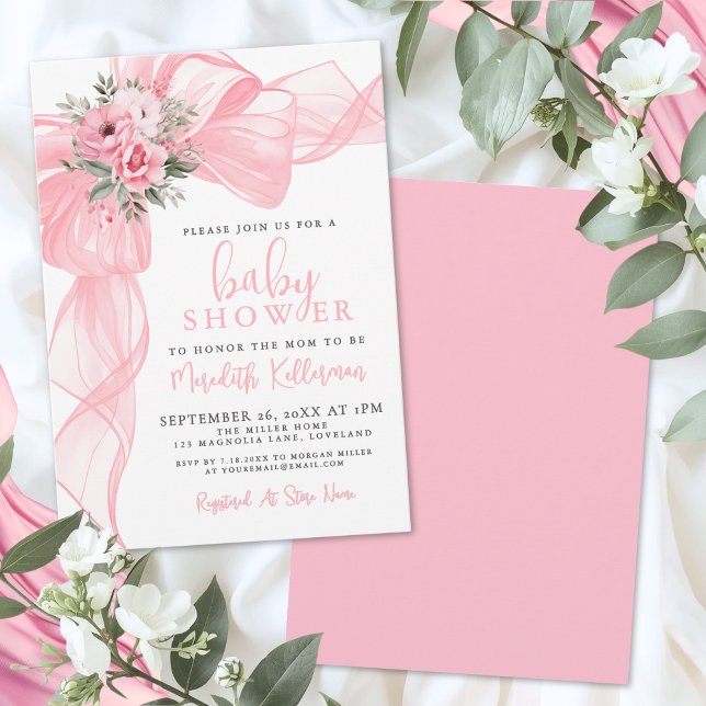 Convites Chá de Bebê Arco-íris Elegante Rosa (Elegant Pink Bow Baby Shower Invitation)