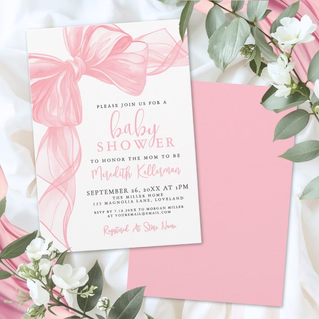 Convites Chá de Bebê Arco-íris Elegante Rosa (Elegant Pink Bow Baby Shower Invitation)