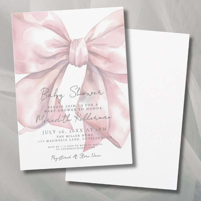 Convites Chá de Bebê Arco Rosa Aquarela (Watercolor Pink Bow Baby Shower Invitation)