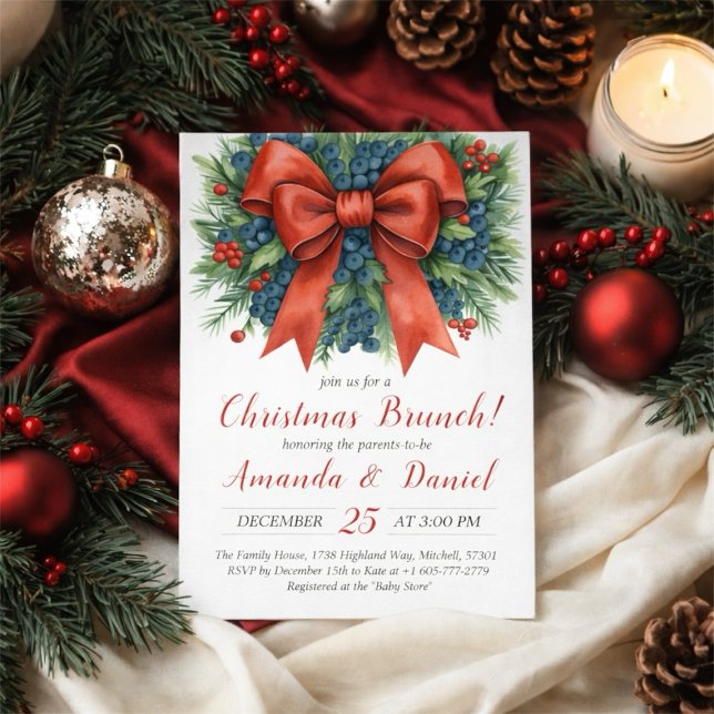 Convites Chá de Bebê Arco Vermelho Natal Brunch (Red Bow Baby Shower Christmas Brunch Invitation)