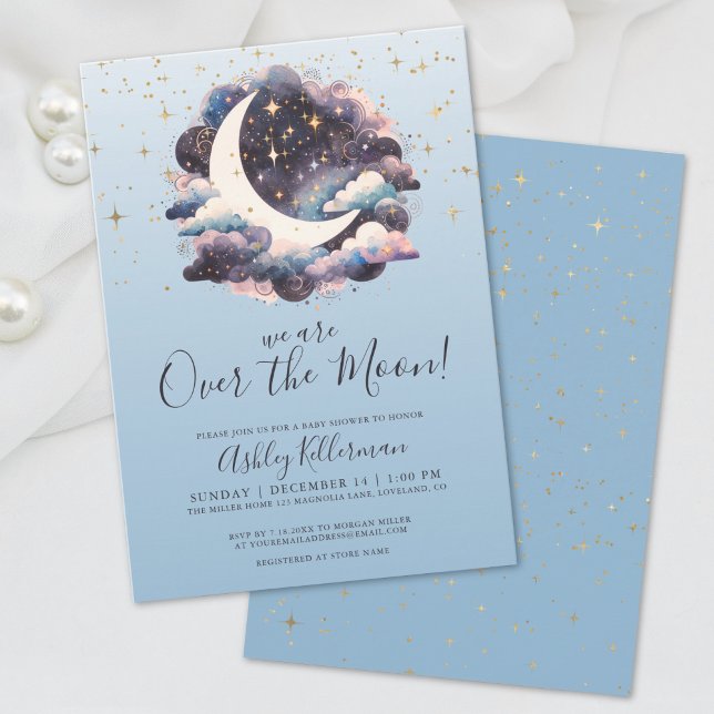 Convites Chá de Bebê Azul Além da Lua (Over The Moon Blue Baby Shower Invitation)